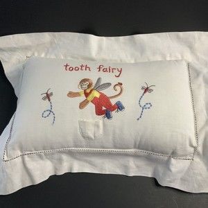 Tooth Fairy Pillow Embroidered Monkey & Dragonflies/Fireflies Ivory Pocket